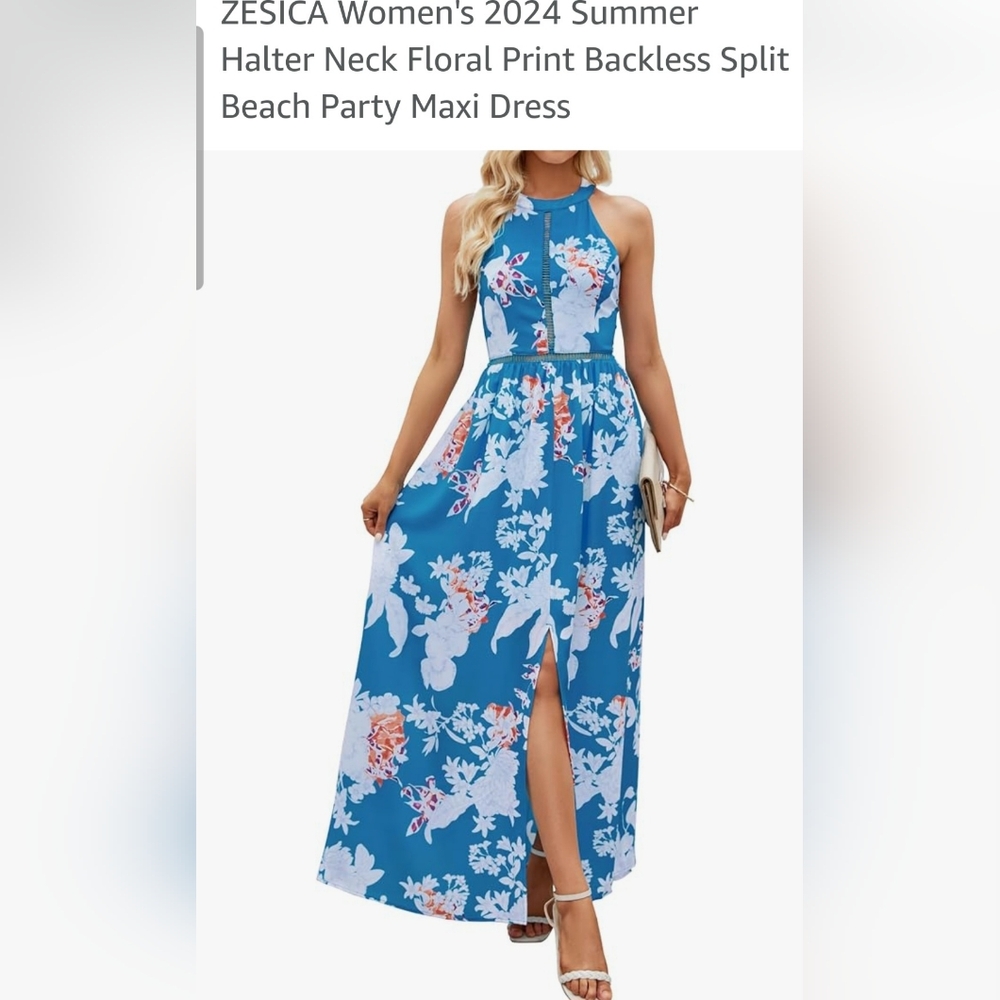 ZESICA Women's 2024 Summer Halter Neck Floral Print Backless Split Beach Party L
